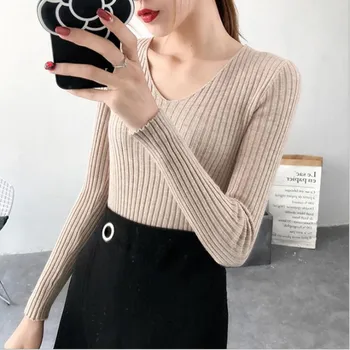 

Aprmhisy Autumn Winter New Women Sweaters Solid Stretch V Neck Knitted Pullovers Tricot Jersey Jumper Femme