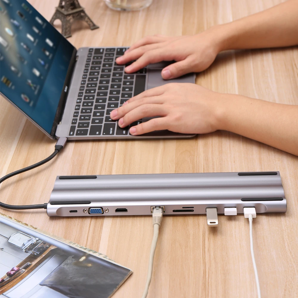 10 в 1 USB-C концентратор до 3,0 USB 4K HDMI VGA RJ45 SD/TF кард-ридер Тип C PD usb-хаб разветвитель для MacBook Pro DELL для samsung