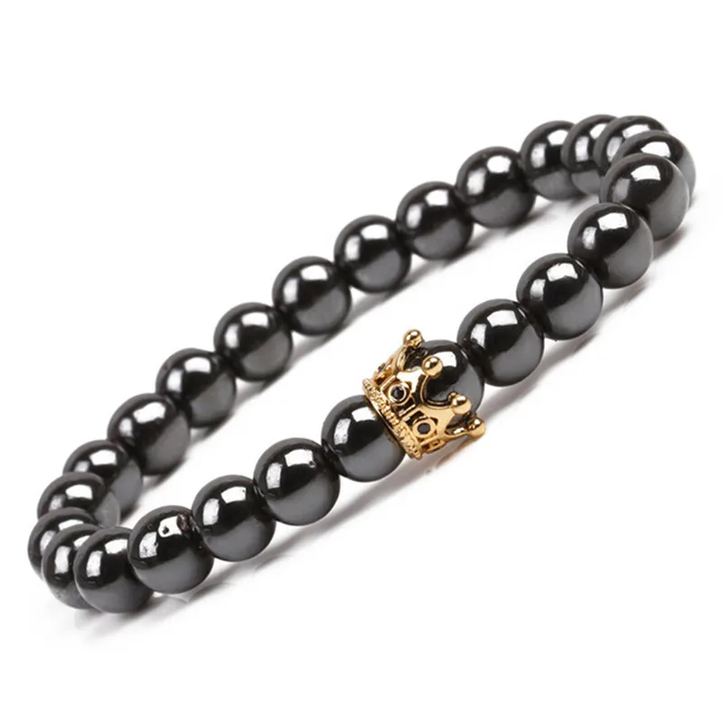 Women Men High Quality Men's Bracelets Hematite Beads Bracelet Charm Natural Stone Bracelets Golden&Black Crown Dumbbells
