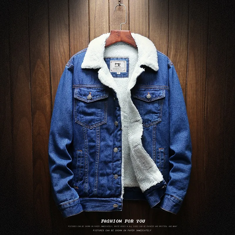 

Men Light Blue Winter Jean Jackets Outerwear Warm Denim Coats New Men Large Size Wool Liner Thicker Winter Denim Jackets Si