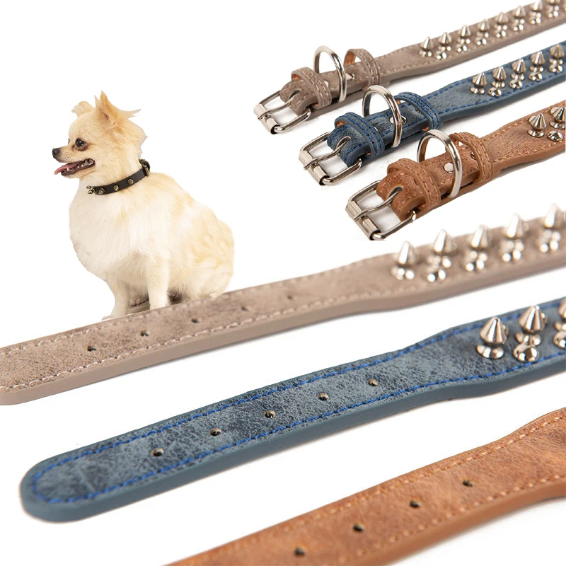 Spiked Rivet Collar for Small Medium Large Dogs Cats Matter Real Leather Adjustable Length Safty Durable Pet Studded Leash Lead