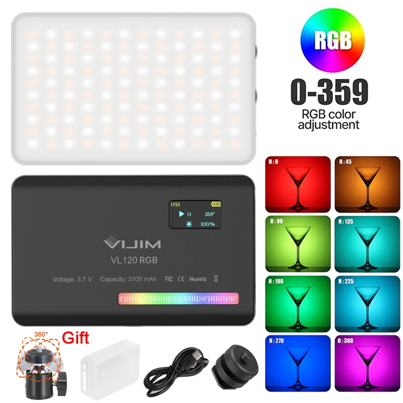 Ulanzi VIJIM VL120 RGB Video Light LED Camera Light Full Color 3100mAh Battery Dimmable 2500K-9000K Bi-Color Panel Light Studio