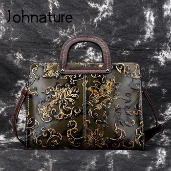 

Johnature Retro 2020 New Luxury Handbags Women Bag Genuine Leather Handmade Embossing Casual Tote Large Capacity Shoulder Bags