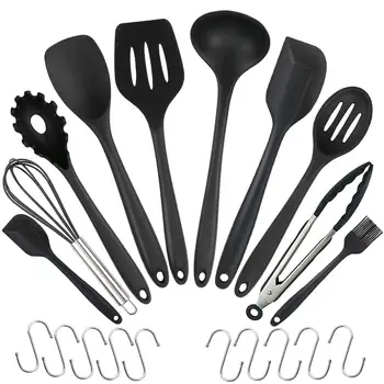 

10PCS Silicone Tableware Non-stick Cookware Kitchen Cooking Tool Spatula Ladle Egg Beaters Shovel Spoon Soup with 10 Small Hooks