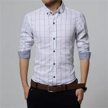 

OLOEY Mens Plaid Shirts Long Sleeve Casual Business Shirts 100% Cotton Checkered Dress Shirt Slim Fit Male Clothing