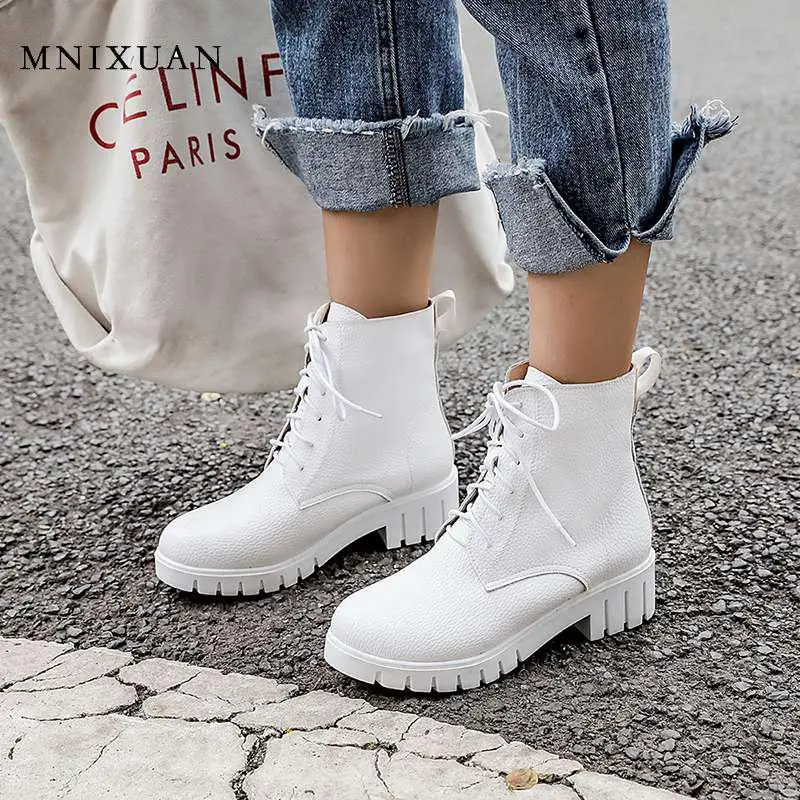 

MNIXUAN Women Shoes 2019 winter round toe Block Heel Shoes lace up martin boots platform white boots black booties big size34-43