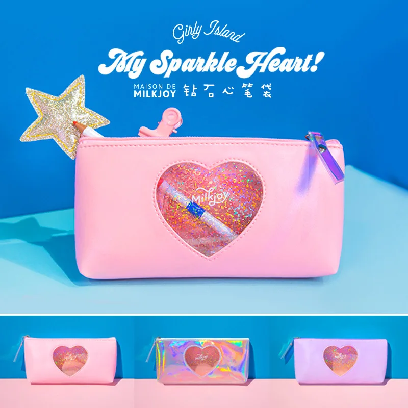 

2020 New Diamond Love Pen Bag Japanese Girl Heart Storage Harajuku Style Transparent Pencil Case Back To School Office Supplies