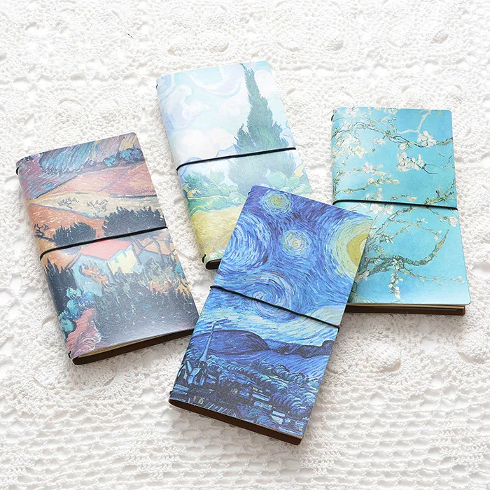 

Stylish cute notebook Van Goah Painting PU Leather Cover Diary Book traveler's notebook 60 sheets well-structured notebooks belt