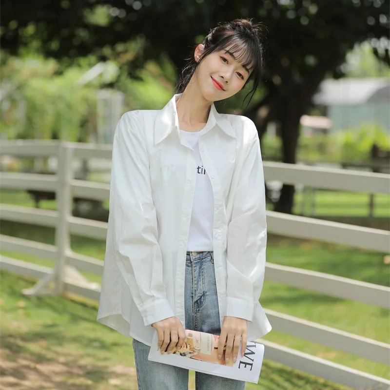 2021 Spring and Autumn Long Sleeve Shirt Women's Solid Color Xiaoqing New Korean Style Loose Base Simple Coat Workwear Student | Женская
