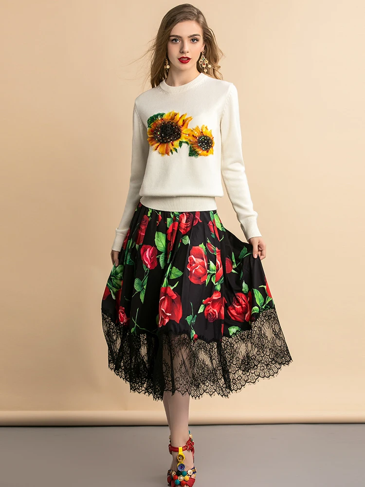 LD LINDA делла осень Модный дизайнерский Повседневный пуловер женский длинный рукав Подсолнух Цветы Аппликации белый вязаный свитер - Цвет: Слоновая кость