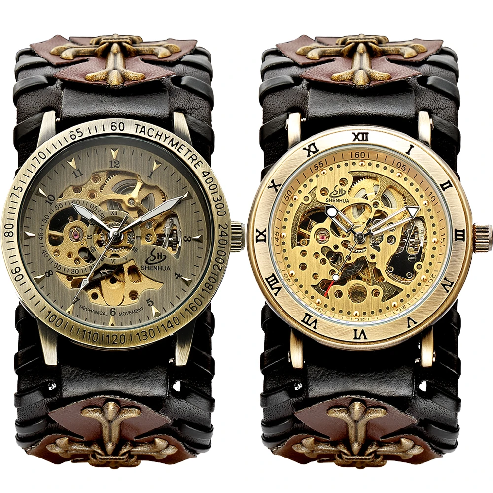 Antique Skeleton Dial Men Automatic Mechanical Watch Vintage Gothic Clock Steampunk Self Winding Watches Brown Rock Reloj Hombre