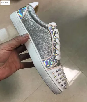 

2020 fashion bling men sneakers mix color casual shoes spike stud sneakers party shoes male rivets stud lace up loafers wedding