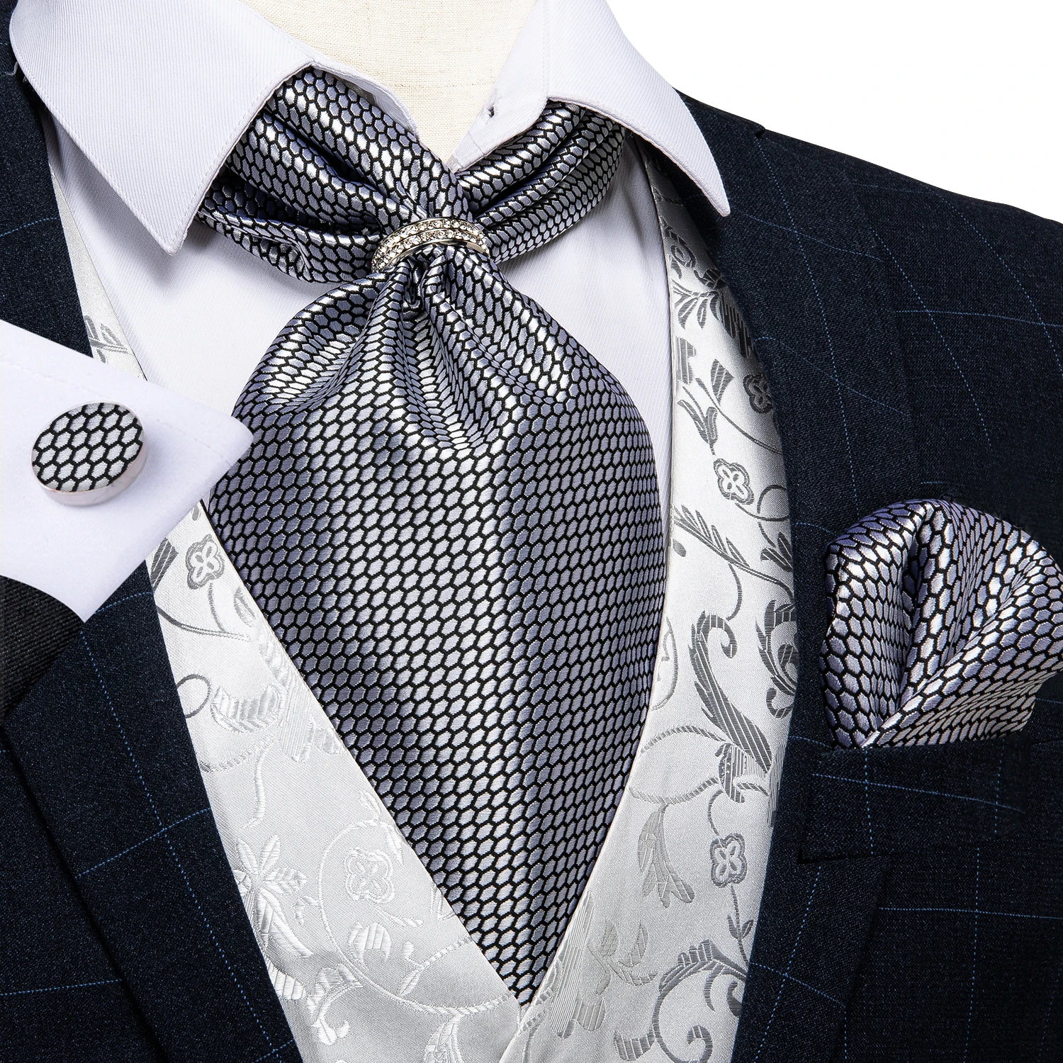 Wedding Cravat with Free Cravat Pin Mens Boys Woven Solid Check Wedding Necktie 
