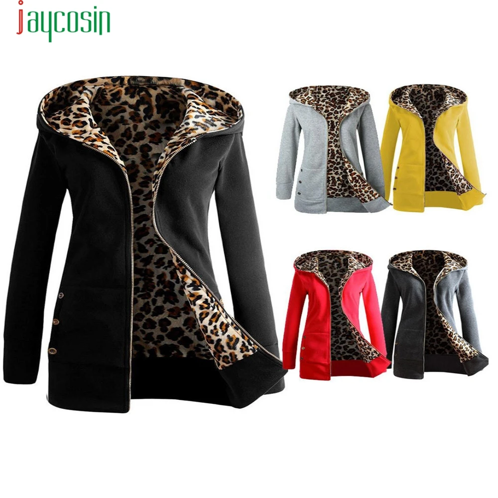 

JAYCOSIN Jacket Women Leopard Outwear coat Warm Wool Loose Hooded Zipper Winter Long Sleeve Jacket Velvet Thickened Overcoat 09