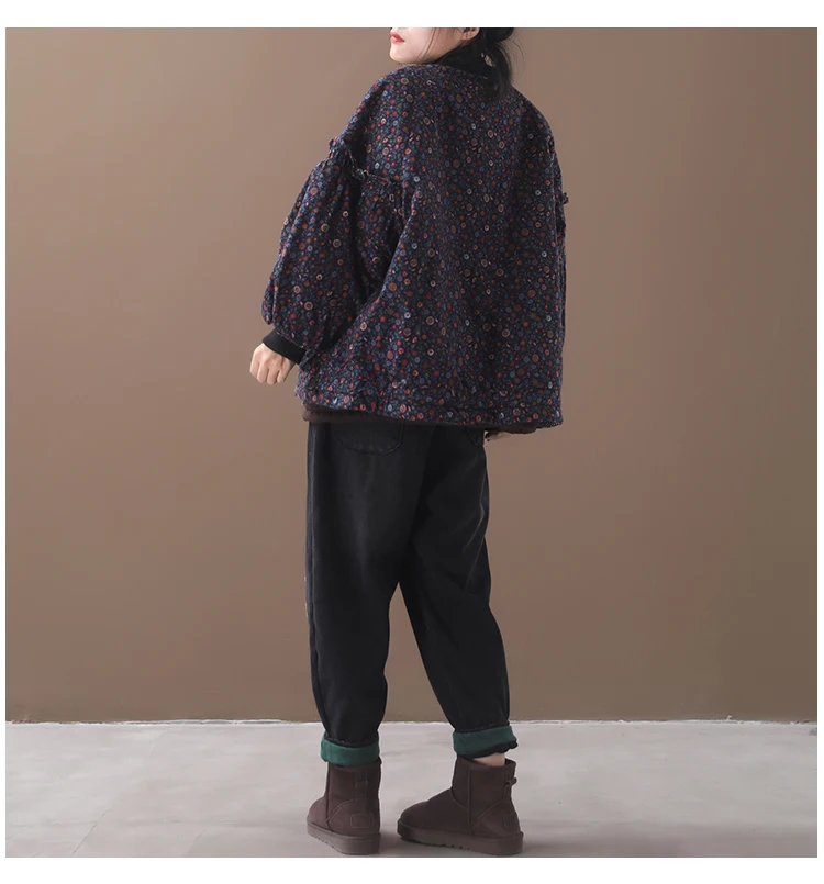 Женский зимний Корейский стиль плюс размера плюс литературная Ретро верхняя одежда маленький цветочный стеганый свободный короткий Хлопковый жакет