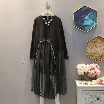

2020 Spring and Autumn New Fashion Korean Causal Long Style Polka Dot Hem Long Sleeve Dress Plus Size Women Dress