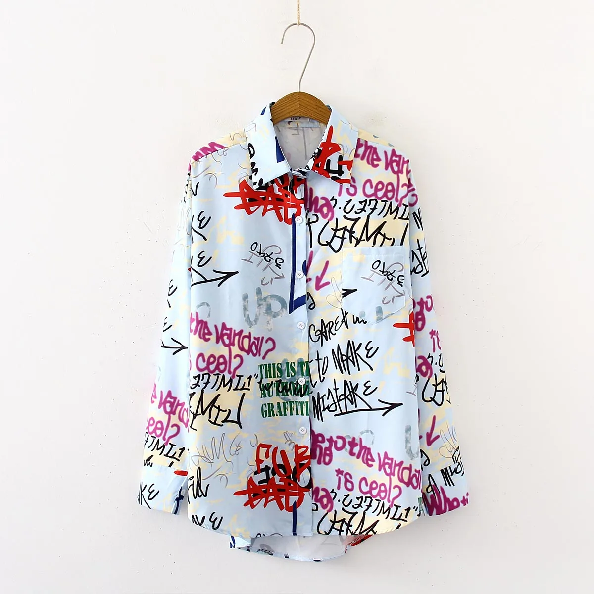 Новое поступление, длинная блуза с принтом граффити и буквами, отложной воротник, размер Ovesize, Повседневная Свободная шикарная рубашка на пуговицах, Feminina Blusa T99017F - Цвет: Letter-Blue Shirt