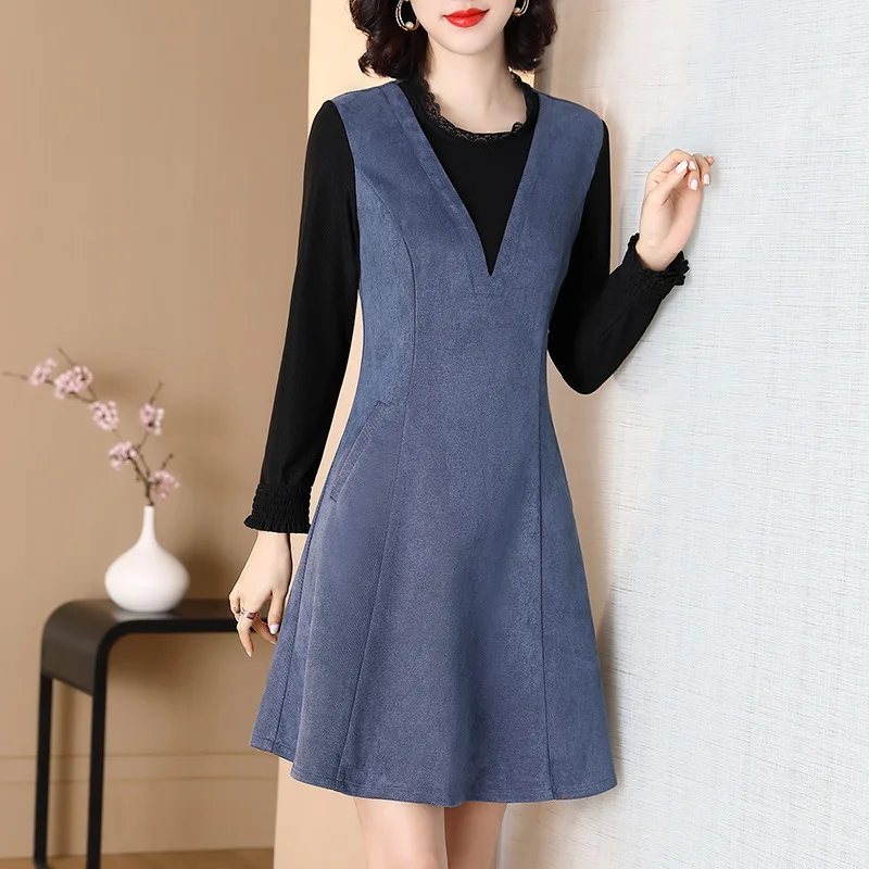 

Fake Two Piece Vest Dress Female 2020 Temperament Splicing High Cold Royal Sister Wind Mature Strap Skirt