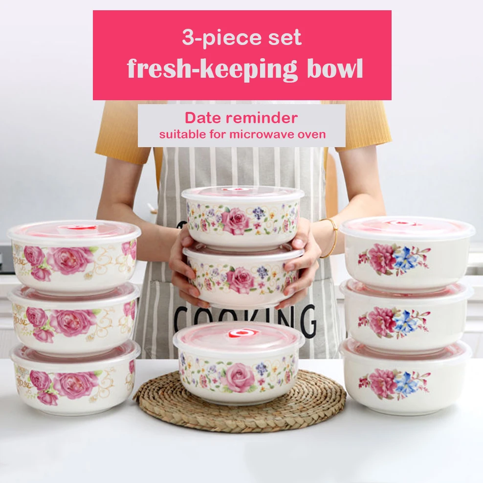 

3-Piece Set Ceramic Fresh-Keeping Bowl Suitable For Microwave Oven Fresh-Keeping Box Tableware Refrigerator Storage Box Set