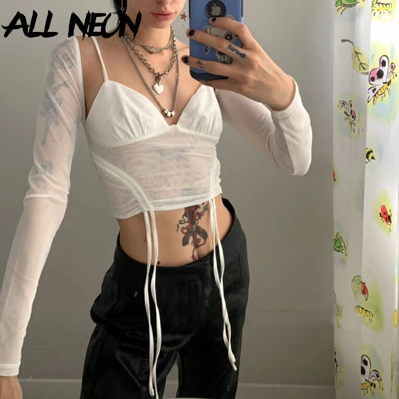 

ALLNeon Sweet Open Shoulder Ruched Transparent Crop Tops Sexy Spaghetti Strap Lace up Mesh T shirt Fashion Summer E-girl Outfit