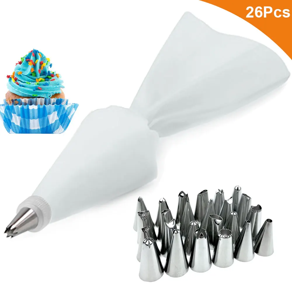 8/26Pcs/Set Silicone Pastry Bag Tips Kitchen Cake Icing Piping Cream Cake Decorating Tools Reusable Pastry Bags+24 Nozzle Set