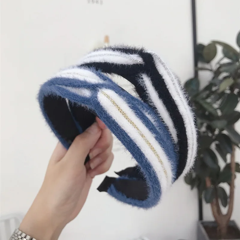 

2019 Vintage Striped Mink Hair Bands For Women Turban Headband Cross Girls Hair Accessories Hair Clips Hoop diademas para el pelo mujer