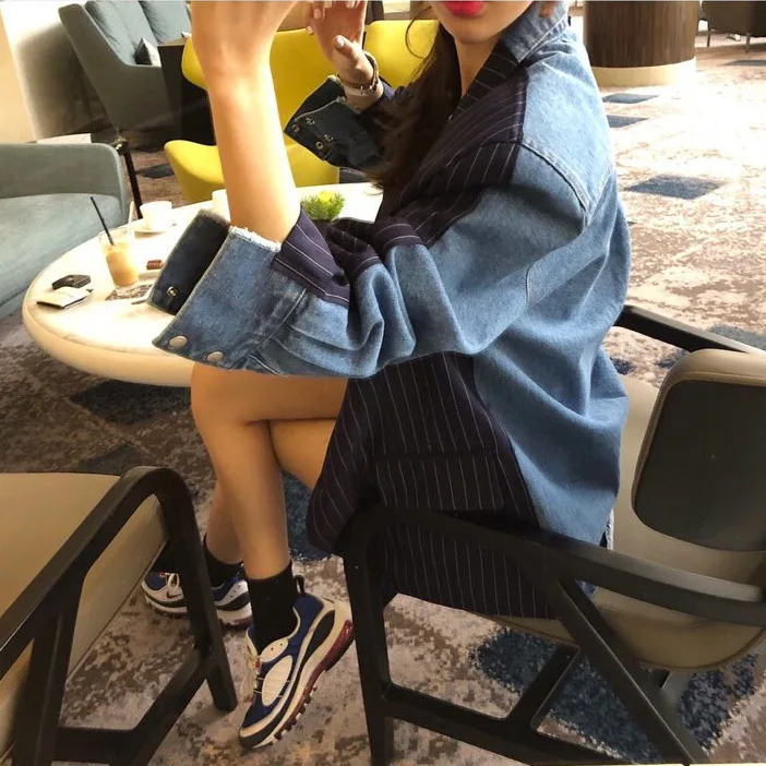 

X2 New Style Loose Cowboy Joint Small Suit Coat Women's 2018 Spring And Autumn Mid-length Korean-style Casual Stripes Suit
