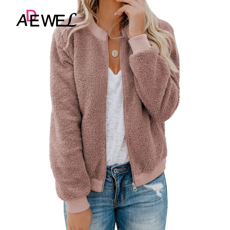 

ADEWEL Pink Sugar Plum Fair Pocketed Sherpa Chaqueta Mujer Winter 2019 Manteau Femme Plus Size Women Coat Casaco Feminino XXL