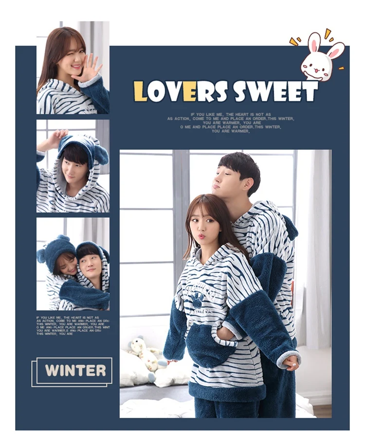 cotton loungewear Winter Couple Long Sleeve Hooded Cute Cartoon Thick Warm Flannel Pajama Set for Men Coral Velvet Sleepwear Pyjama Women Homewear cotton pj set