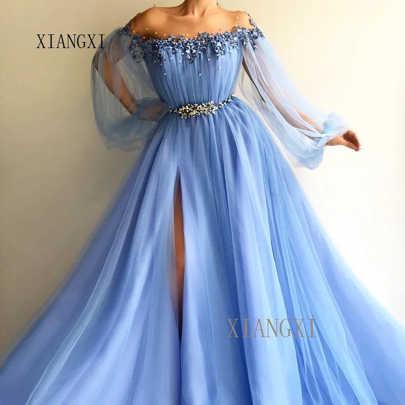 

Vestidos 2019 Sky Blue Evening Dress Sheer A-Line Jewel Neck Full Sleeves See-Through High Split Evening Dresses Long Formal Par