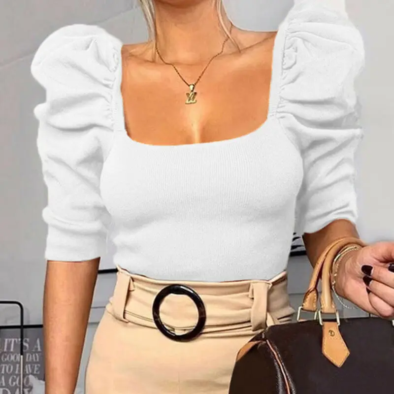 Женская трикотажная футболка с рукавом до локтя квадратным вырезом|Футболки| |