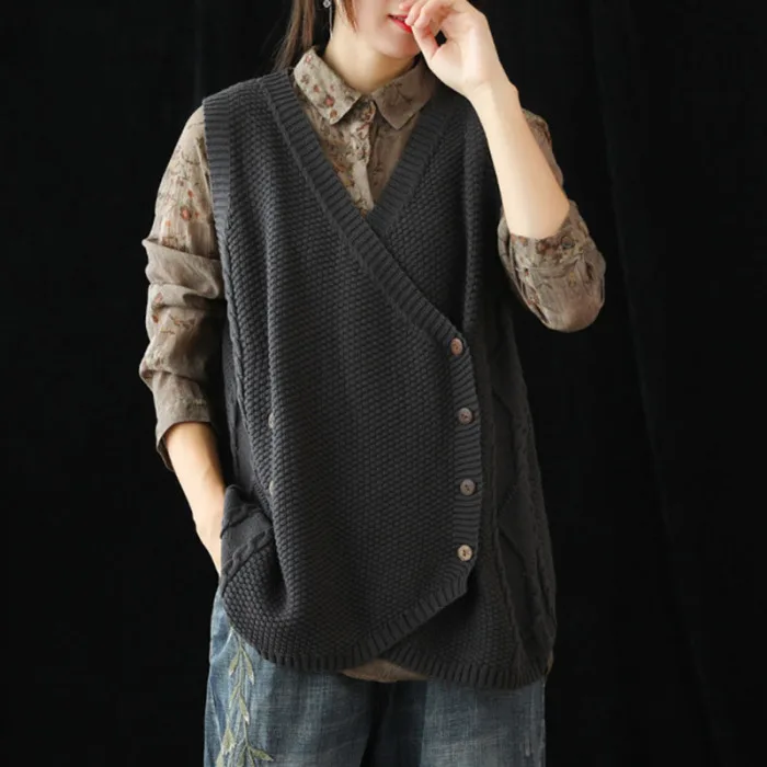 Женский свитер жилет без рукавов свободная кнопка вниз v-образный вырез сплошной цвет вязаный жилет TY66