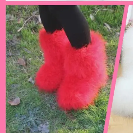 Red 24CM ASILETO/зимние женские теплые ботинки; теплые лыжные ботинки на плоской подошве с натуральным мехом страуса и перьями; botte; T553 - Цвет: Red 24CM