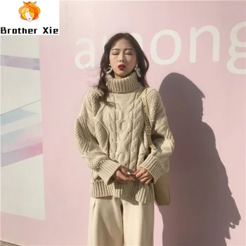

Korean Harajuku Turtleneck Sweaters Women Sweet Loose Twist Thick Lazy Wind Knitted Pullovers Female Autumn Winter Warm Jumper