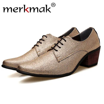 

Merkmak Men Oxford Dress Shoes Lace Up Pointed Toe High Heels Gold Silver Wedding Groom Shoes Bling Glitter Party Prom
