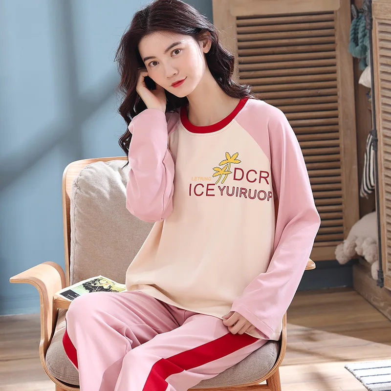 

Tang Mian Pajamas Long Sleeve Long Pants Combed Cotton Cartoon Pajamas Set Leisure Tops Less Women's Fashion Winter Round Neck