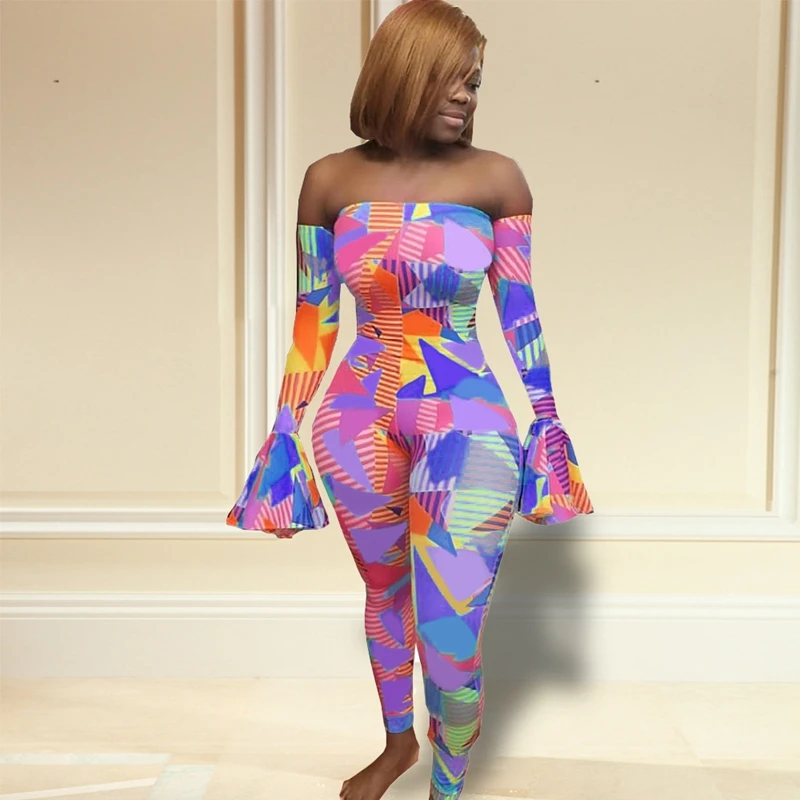 Sexy Bodycon Rompers Womens Jumpsuit Plus Size Geometric Print Jumpsuit Flare Long Sleeve Casual Skinny Party Club Jumpsuit