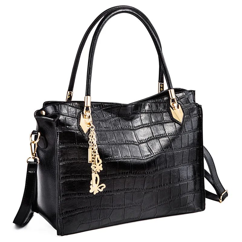 Женская сумка, масло, крокодиловый восковый узор, женские кожаные сумки, роскошные дамские ручные сумки с картой, посылка, женская сумка-мессенджер, большая сумка-тоут - Цвет: Черный