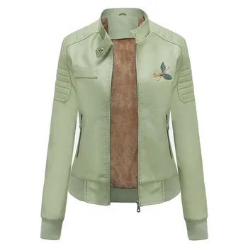 

Autumn Winter Fashion Baseball Jacket Women Plus Velvet Faux Leather Coat Long Sleeve Warm Slim Short Motorcycle Jacket Q1174