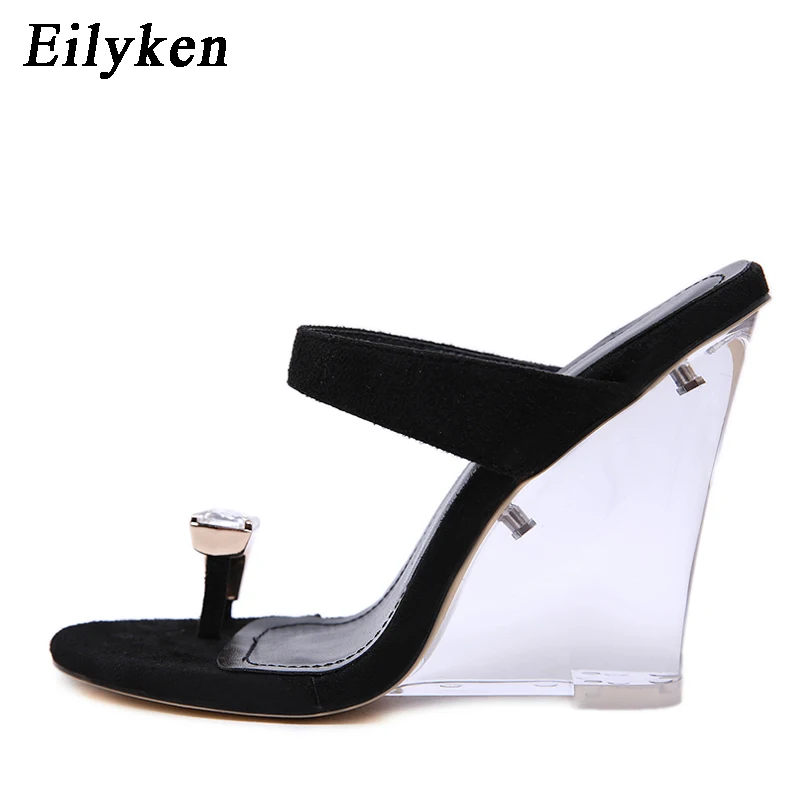 Black EilyKen, черный, кремовый, женские Вьетнамки с подошвой из цельного дерева; модные стразы с открытым носком, с украшением в виде кристаллов; обувь на танкетке и высоком каблуке; женские сандалии для вечеринок - Цвет: Black
