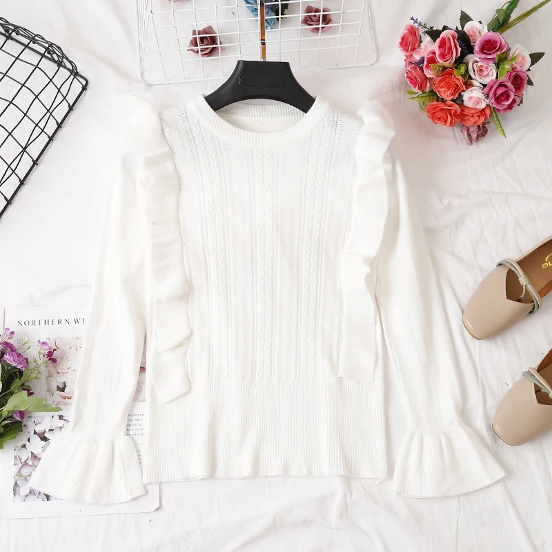 Элегантная Женская осенне-зимняя трикотажная рубашка с расклешенными рукавами и круглым вырезом, винтажная эластичная Тонкая блузка с высокой талией - Цвет: Women Blouse Shirt
