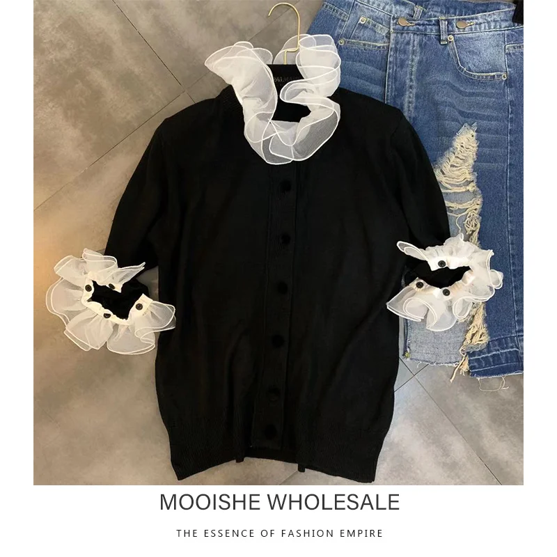 

2019 Autumn New Lace Stitching Collar 7 Points Sleeve Designer Catwalk Sweater