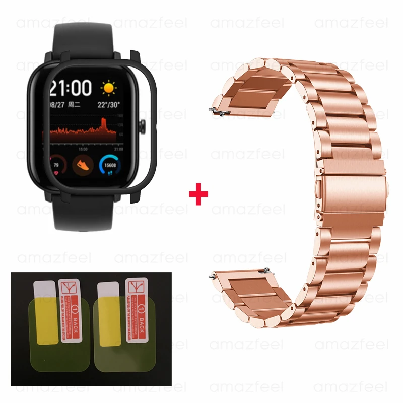 rose gold-black 4в1/упаковка умные часы аксессуары для Amazfit GTS ремешок браслет для Huami Amazfit gts чехол Защитная пленка для экрана ремешок на запястье - Цвет: rose gold-black