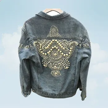 

Spring Long Sleeve Pockets Denim Jackets Vintage Women Jeans Jacket Pearls Beading Women Loose Basic Outerwear Female Coats BW03