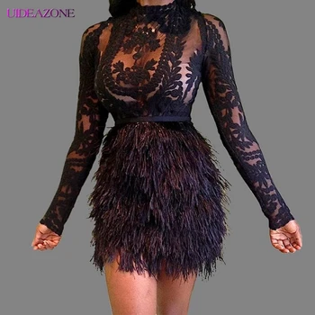 

UIDEAZONE Mesh Patchwork Perspective Women Dress Artificial Fur Long Sleeve Ladies Dresses Bodycon Casual Spring Two Piece Set