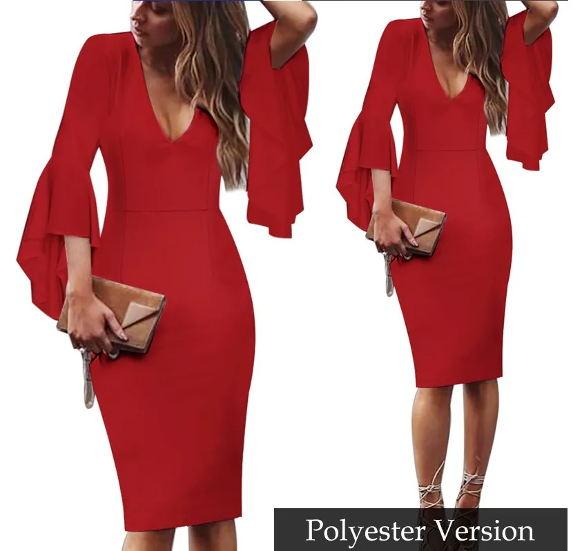 Kenancy элегантный глубокий v-образный вырез расклешенные Длинные рукава тонкое платье для женщин Карандаш Bodycon офисные женские платья Осень Зима Vestidos Красный