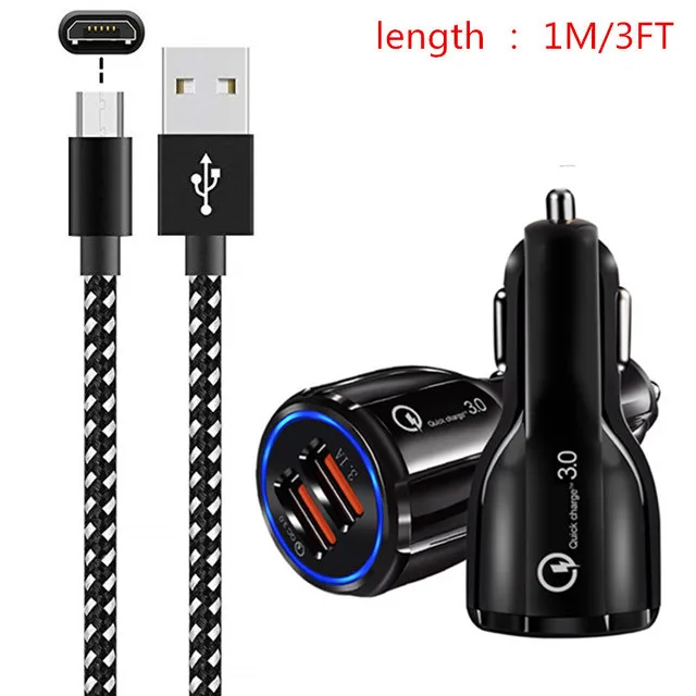 Car charger 1M Cable QC 3,0 3.1A быстро переменного тока Пау адаптер автомобиля Зарядное устройство и Micro USB кабель для передачи данных для samsung huawei Xiaomi NOKIA 6 4,2 htc LG Android телефон - Цвет: Car charger 1M Cable