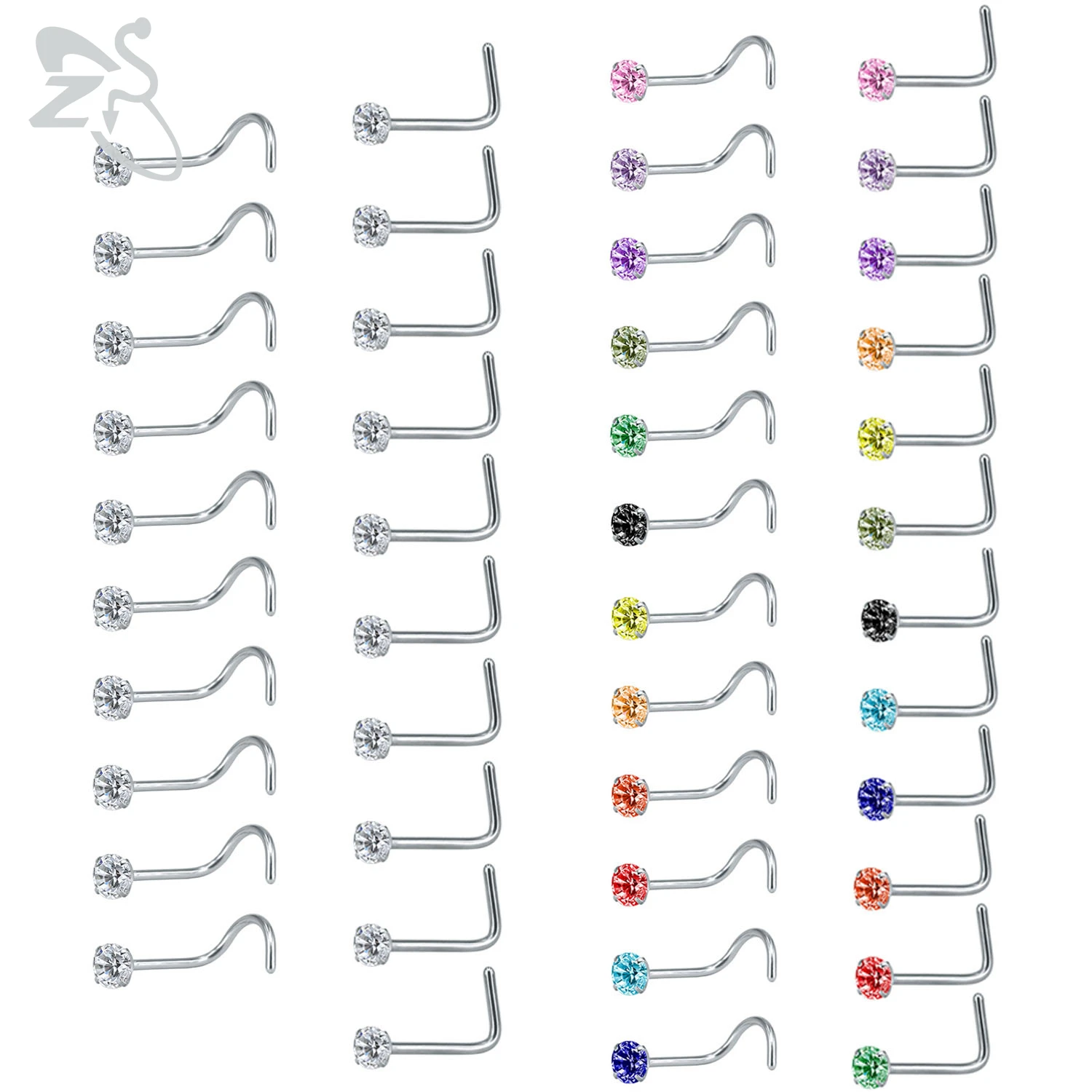 ZS 814pcs/lot Stainless Steel Nose Stud Set 2MM Colorful CZ Crystal