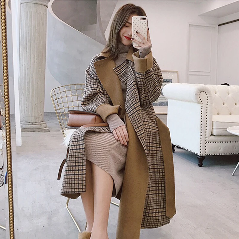 

Free shipping Winter style fashion new plaid coat three-dimensional lapel in the long loose version of the slimmer woman