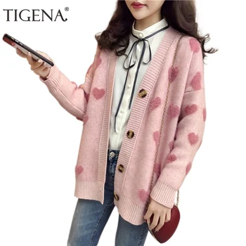 

TIGENA Faux Fur Knitted Cardigan Women 2019 Fall Winter Korean Cute Kawaii Heart Cardigan Female Pink Blue Knitted Jacket Women